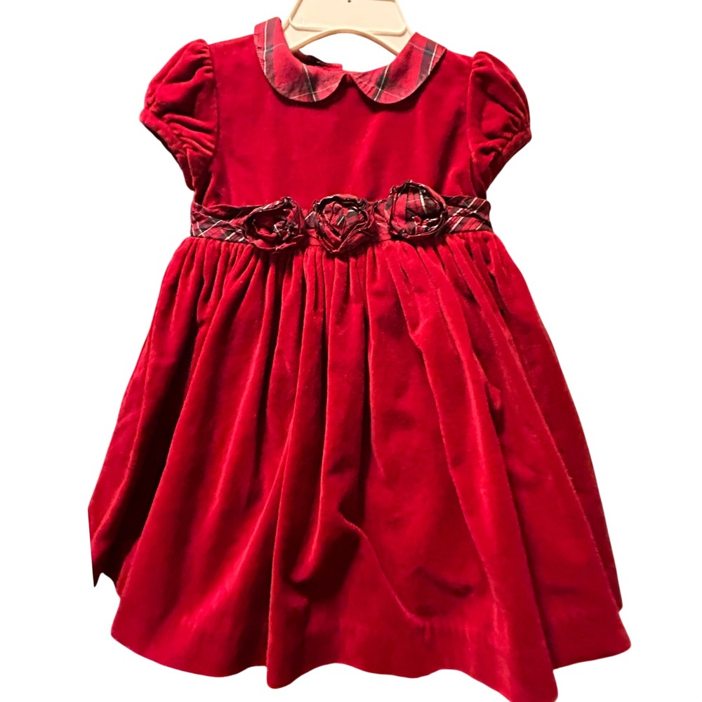 Red Velvet Plaid Holiday Dress Peter Pan Collar Rosette Baby Girl 12 Months